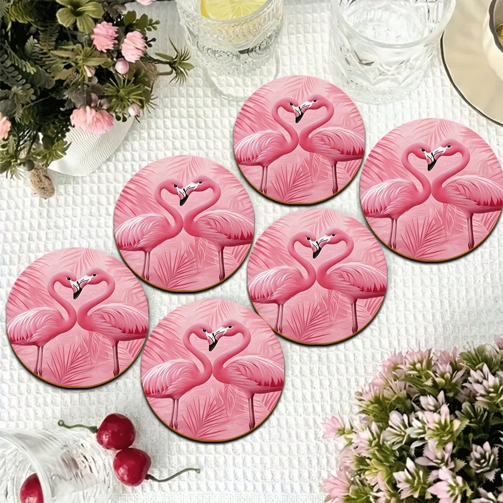 Home Bar Stand - Pink Flamingo Drink Coasters Set, Non-Slip
