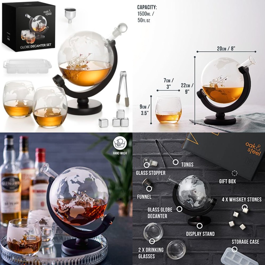 Decanter Globe Set - Oak Steel - 50 Oz Globe