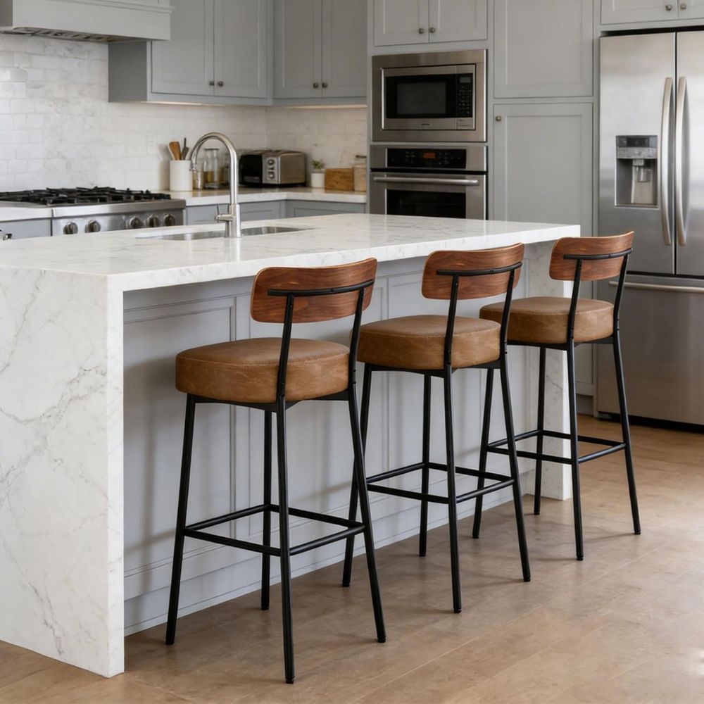 Brown Bar Stools Set o 3, Leat - Home Bar And Counter 评论和价格