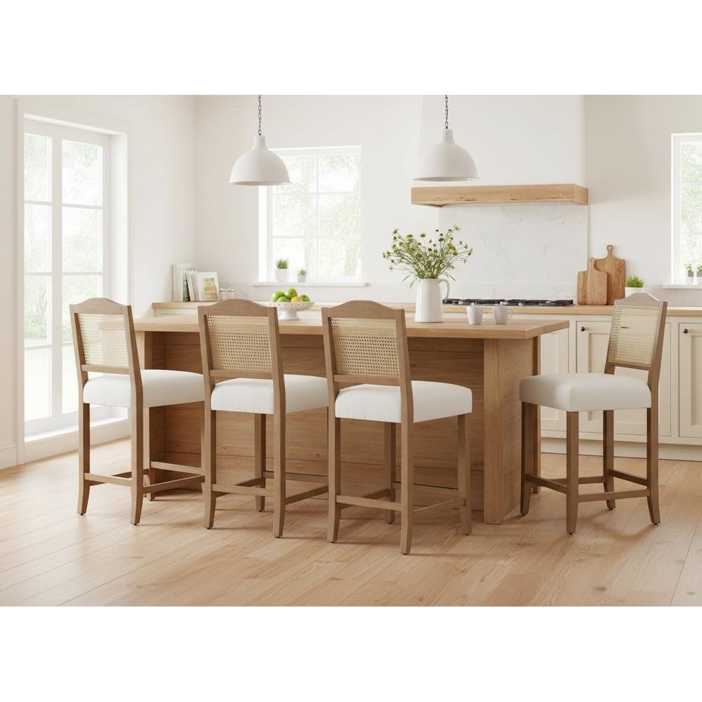 Set of 4 Linen Beige Cane Back - Home Bar And Counter 评论和价格