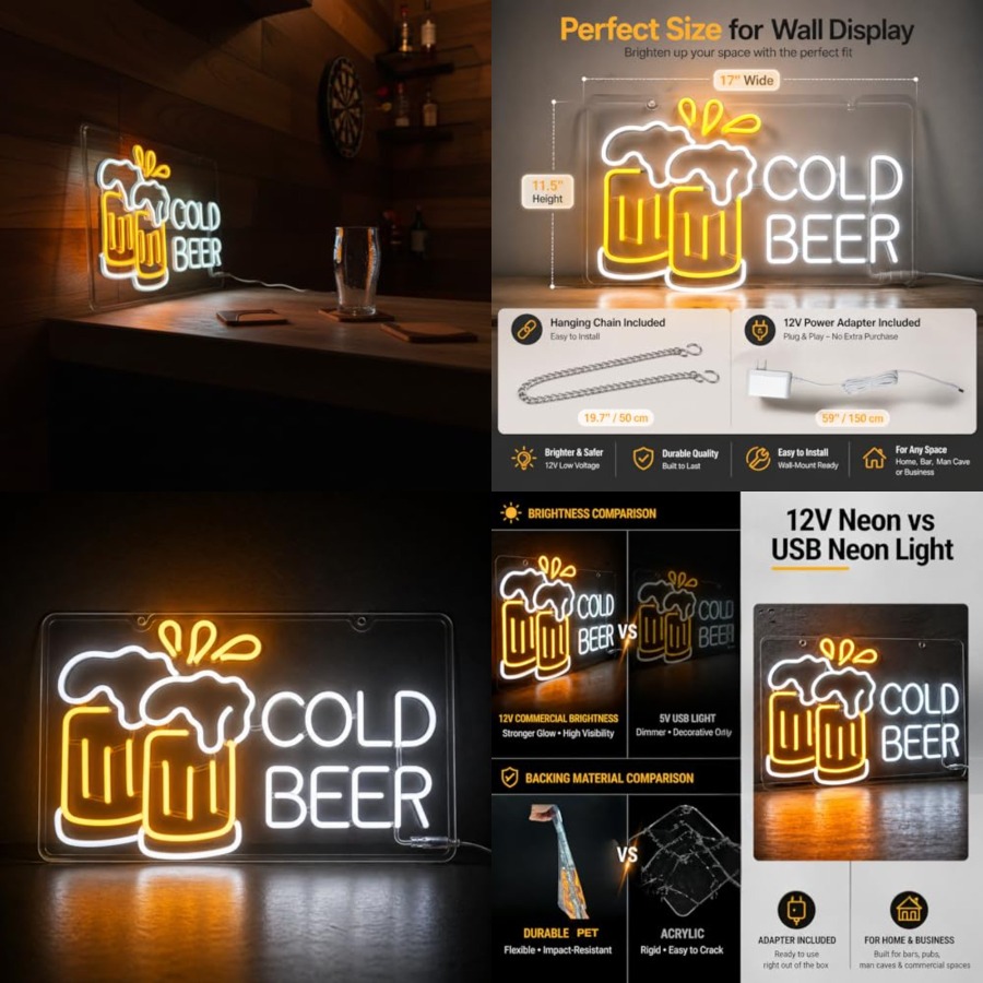 Cold Beer Neon Sign for Busine - Home Bar Signs 评论和价格