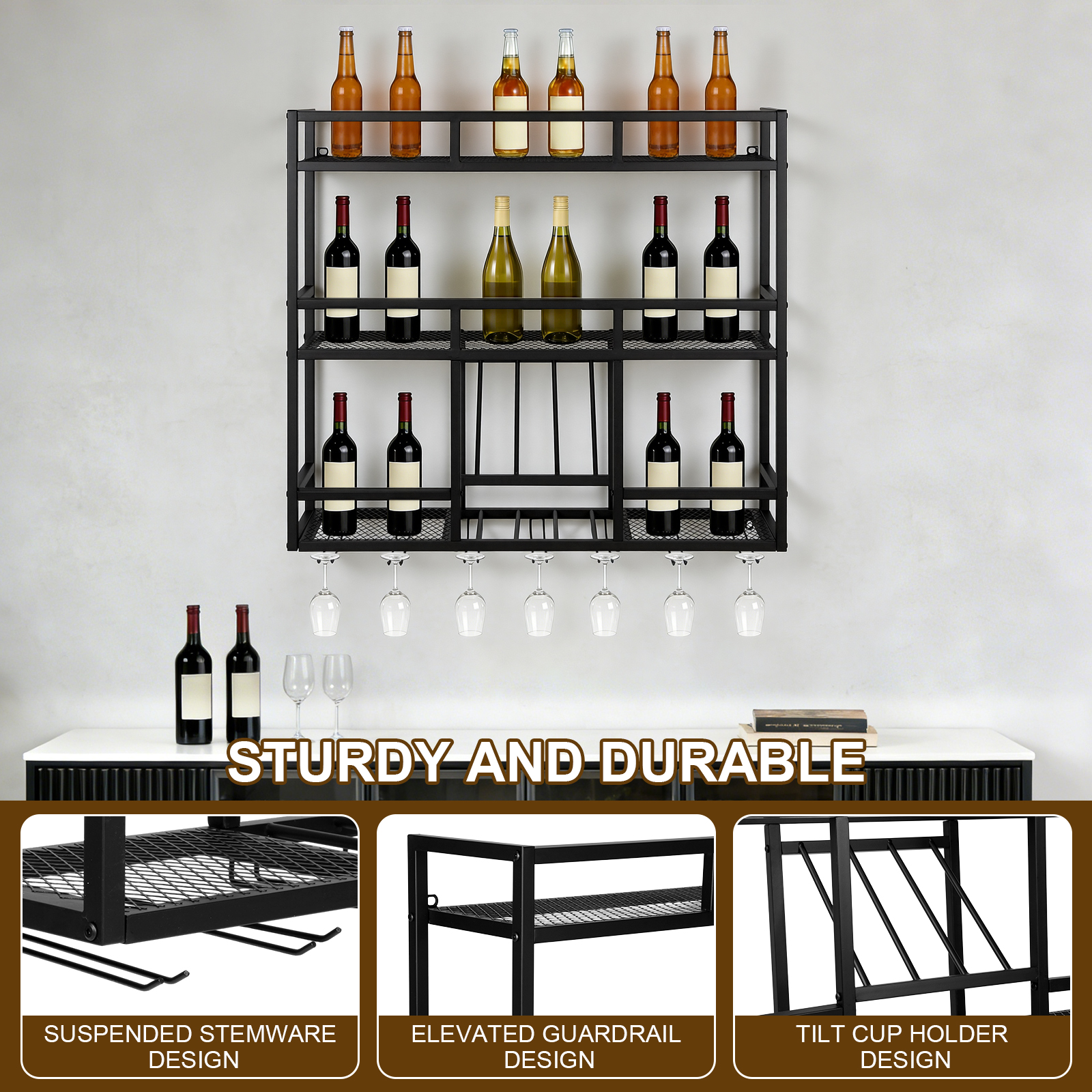 3 Tiers Wall Mounted Wine Rack - Home Bar Shelf 评论和价格